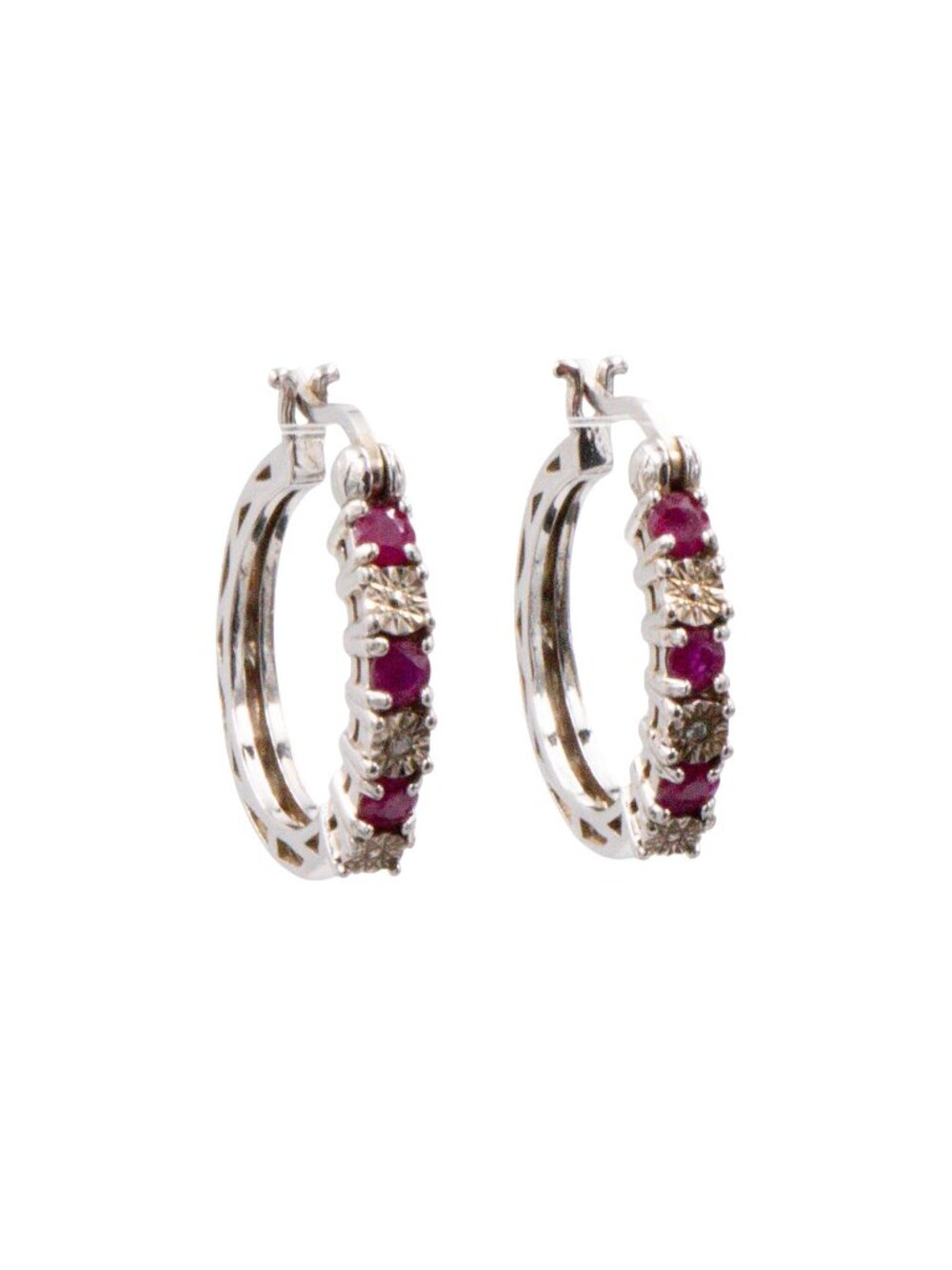 Sterling Silver 7/8 Inch Ruby and Diamond Hoop Earrings